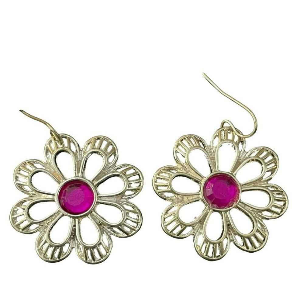 Metal Pink Floral Flower Punched Design‎ Drop Earrings Boho